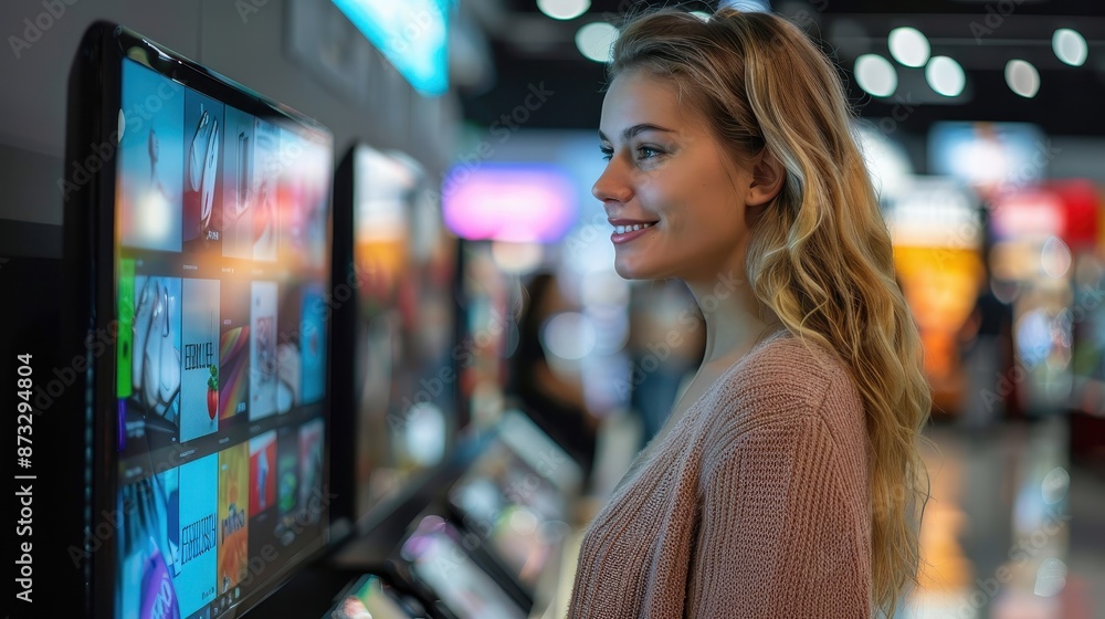 A woman views TV screens with fascination at a store, deeply engaged in assessing the detailed displays. The electronic shop is lively with various screen models and colors. A woman views TV screens with fascination at a store, deeply engaged in assessing the detailed displays. The electronic shop is lively with various screen models and colors.