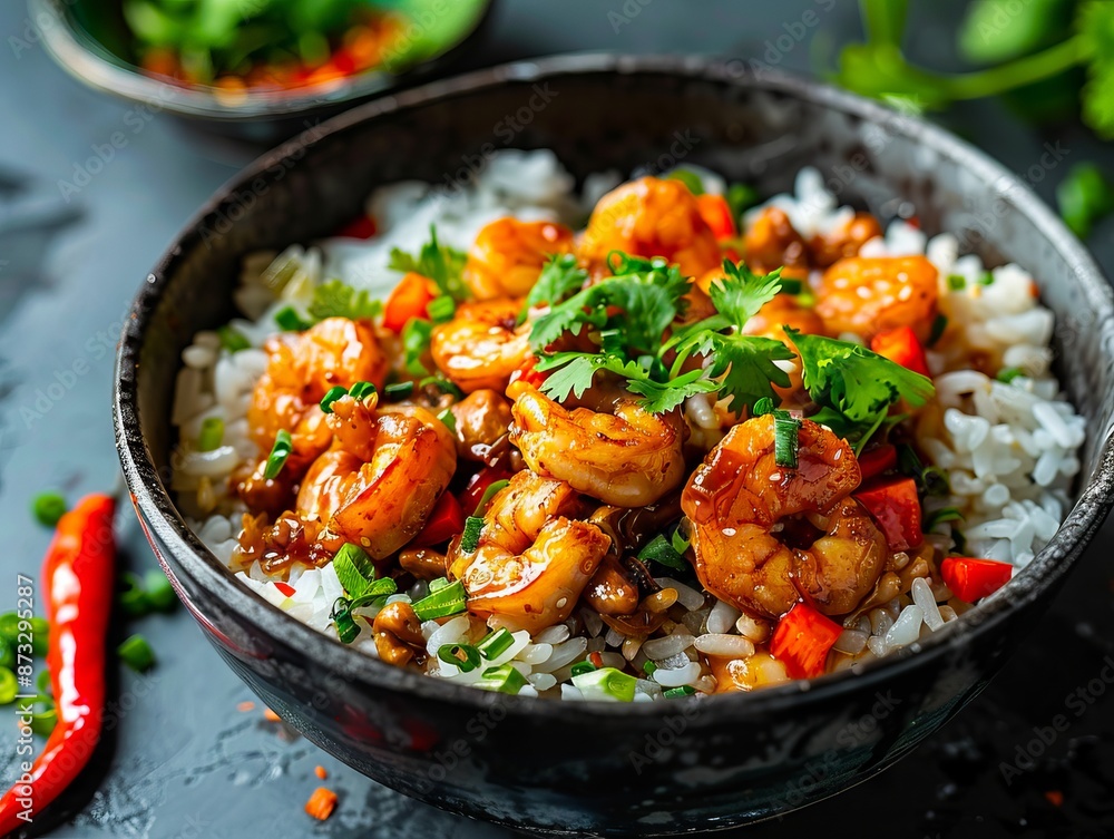 A bowl of rice with shrimp and vegetables. A bowl of rice with shrimp and vegetables.