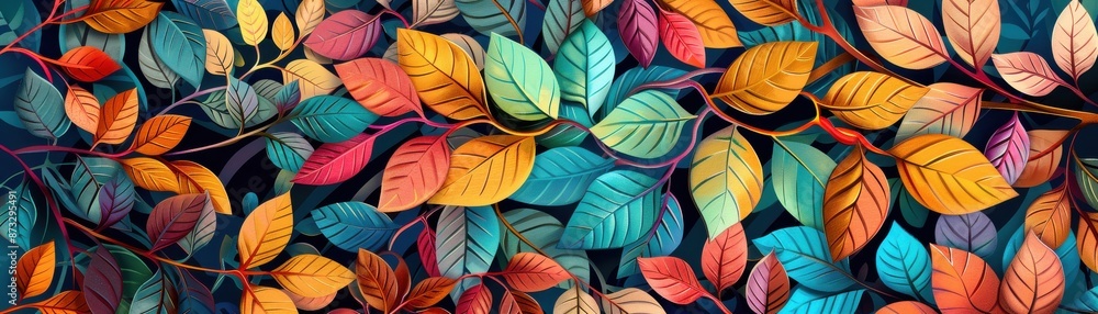 Vibrant and colorful autumn leaves in various shades of orange, red, yellow, and teal, creating a beautiful and lively seasonal nature background. Vibrant and colorful autumn leaves in various shades of orange, red, yellow, and teal, creating a beautiful and lively seasonal nature background.