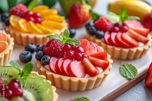 A colorful assortment of fruit tarts topped with fresh strawberries, kiwi, blueberries, and raspberries, arranged beautifully to showcase their vibrant and delicious appeal.