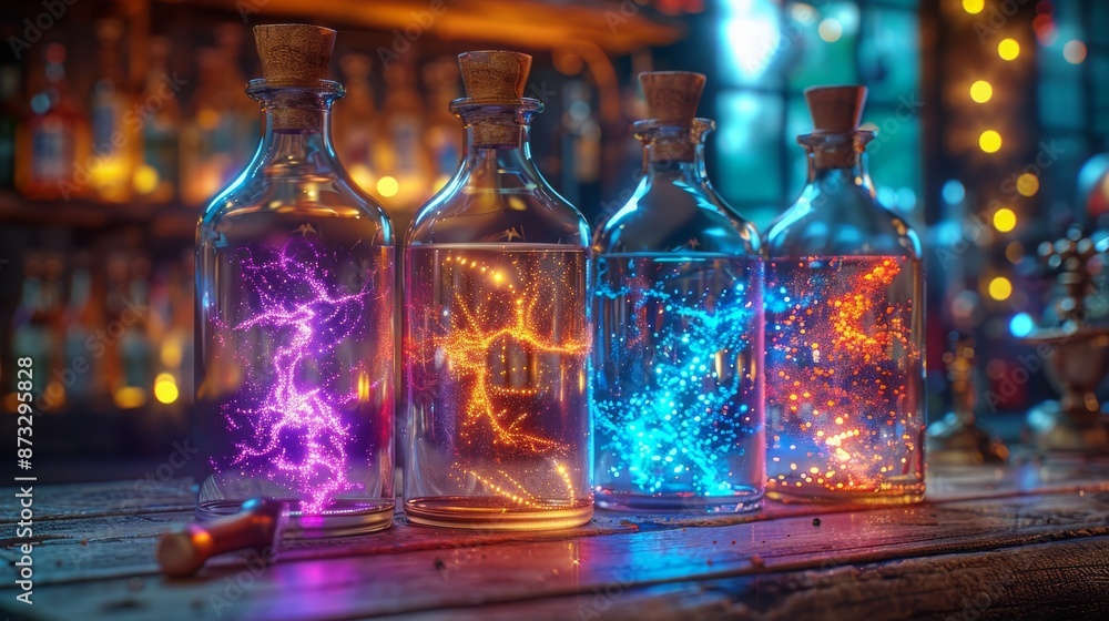 A collection of magical jars filled with glowing lights in vibrant colors, arranged on a rustic wooden shelf, creating a mystical and enchanting atmosphere.
A collection of magical jars filled with glowing lights in vibrant colors, arranged on a rustic wooden shelf, creating a mystical and enchanting atmosphere.