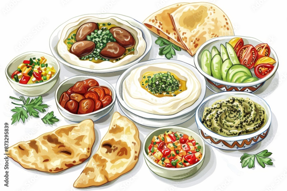 A colorful arrangement of traditional Turkish meze dishes, served with warm pita bread. Perfect for a Mediterranean-inspired gathering or dinner party. A colorful arrangement of traditional Turkish meze dishes, served with warm pita bread. Perfect for a Mediterranean-inspired gathering or dinner party.
