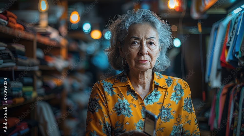 An elderly woman with gray hair, wearing a bright floral blouse, stands in a well-lit store with shelves of clothes around her, showcasing a tough yet kind demeanor. An elderly woman with gray hair, wearing a bright floral blouse, stands in a well-lit store with shelves of clothes around her, showcasing a tough yet kind demeanor.