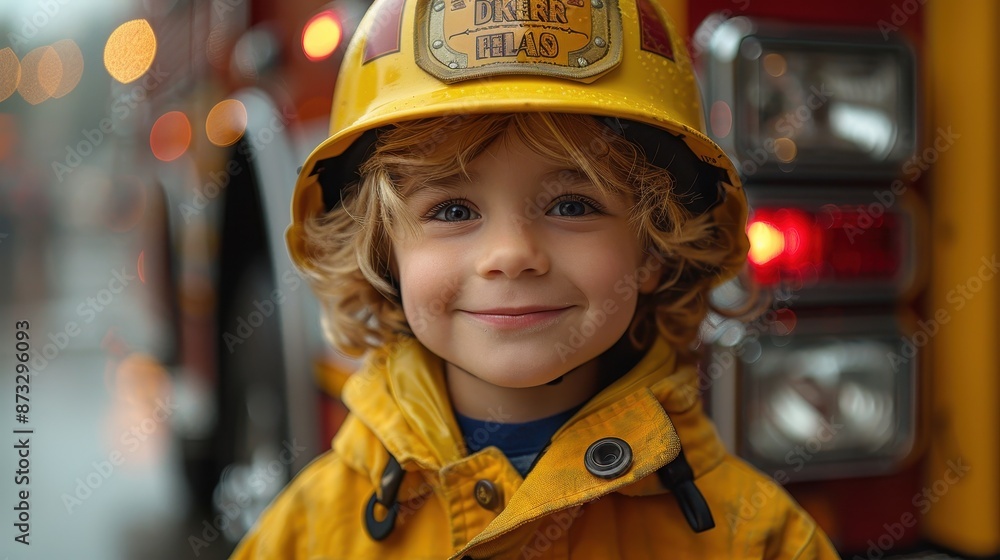 A joyful child clad in a yellow firefighter helmet and outfit, standing in the rain besides a fire truck, embodying youthful dreams and joy in an evocative urban scene. A joyful child clad in a yellow firefighter helmet and outfit, standing in the rain besides a fire truck, embodying youthful dreams and joy in an evocative urban scene.