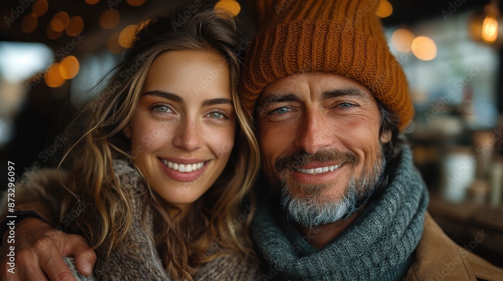 A smiling couple dressed warmly in cozy sweaters and scarves with a blurry festive background full of lights, showcasing their close bond, happiness, and the warmth of togetherness. A smiling couple dressed warmly in cozy sweaters and scarves with a blurry festive background full of lights, showcasing their close bond, happiness, and the warmth of togetherness.
