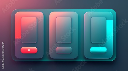 Modern user interface with frosted glass buttons in teal and coral, with a gradient background.