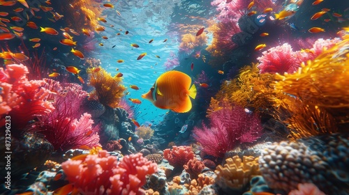 Wallpaper Mural An expansive underwater scene featuring a vibrant coral reef teeming with colorful fish and marine life, highlighting the beauty and diversity of ocean ecosystems. Torontodigital.ca