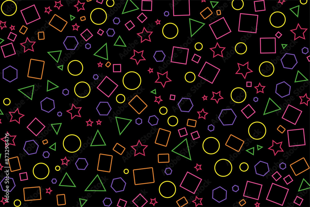 A seamless pattern featuring colorful geometric shapes background. Multicolored geometric elements randomly scattered. Perfect for use on fabric, packaging, and wallpaper. A seamless pattern featuring colorful geometric shapes background. Multicolored geometric elements randomly scattered. Perfect for use on fabric, packaging, and wallpaper.
