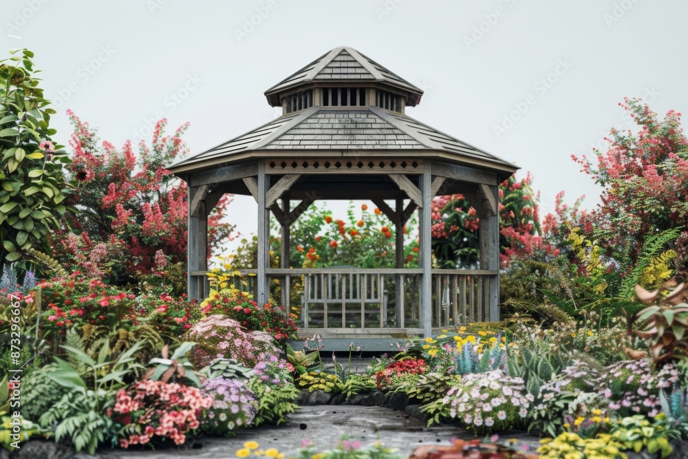 Escape to a tranquil haven surrounded by nature's beauty. Vibrant flowers and lush foliage envelop a cozy gazebo, inviting relaxation and contemplation. Escape to a tranquil haven surrounded by nature's beauty. Vibrant flowers and lush foliage envelop a cozy gazebo, inviting relaxation and contemplation.