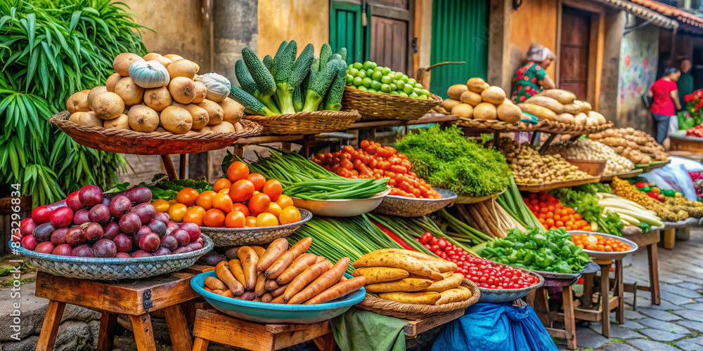 Fototapeta premium Vibrant colors of fresh vegetables, meats, and crispy baguettes on display at a bustling street market stall in a charming Hoi An village.