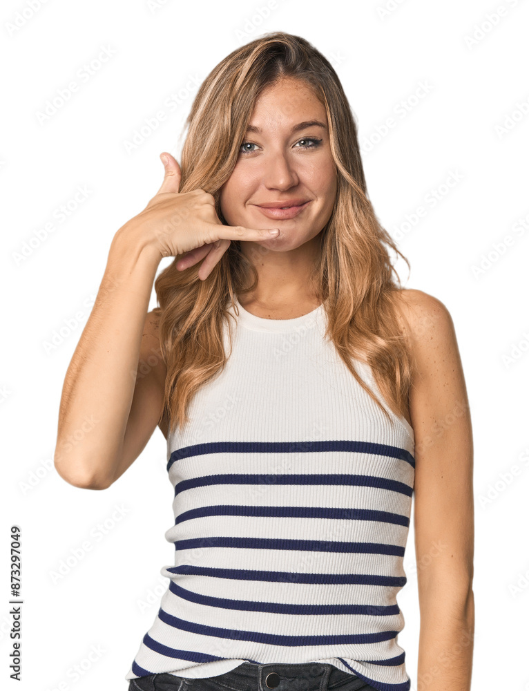 Caucasian blonde woman in studio showing a mobile phone call gesture with fingers. Caucasian blonde woman in studio showing a mobile phone call gesture with fingers.