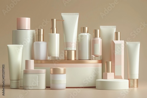 Wallpaper Mural A diverse array of luxurious skincare products in elegant containers with gold accents, arranged against a beige background, epitomizing high-end beauty and skincare care.

 Torontodigital.ca