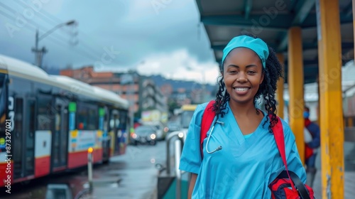 A cheerful nurse dressed in blue scrubs stands with a red backpack at a public transport stop, symbolizing dedication and the urban healthcare system.