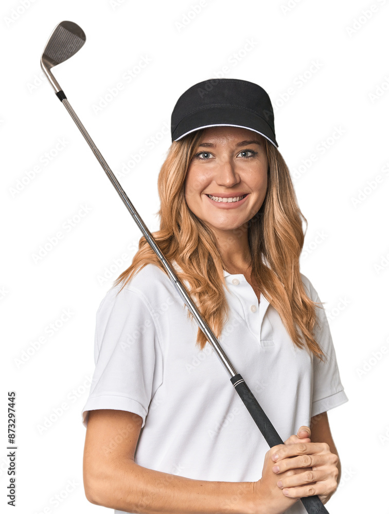 Blonde golfer holding a club in studio Blonde golfer holding a club in studio