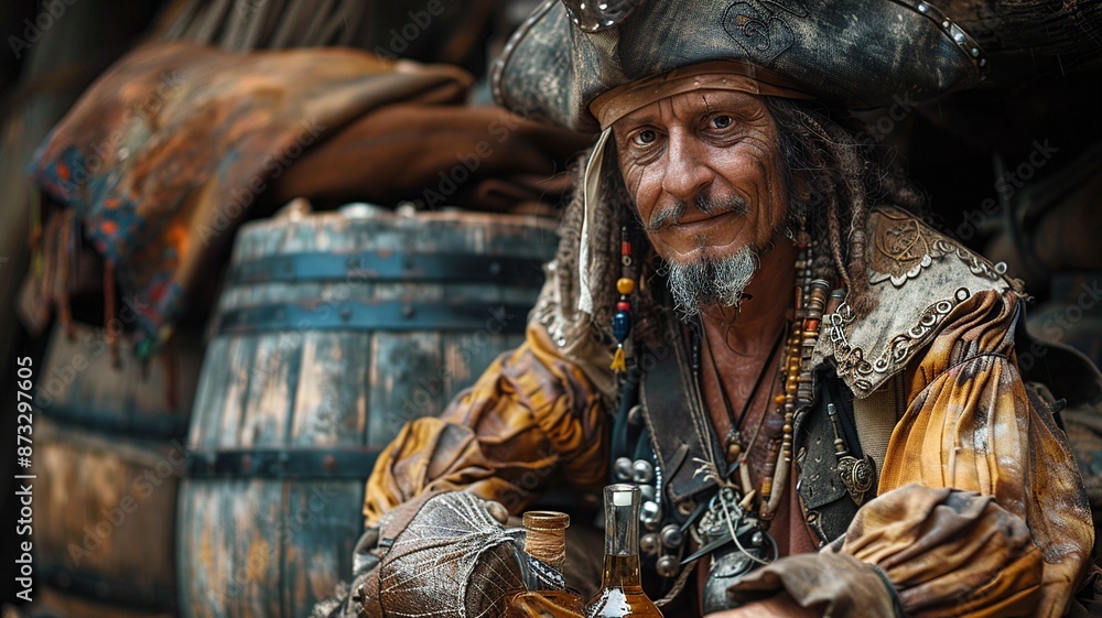 Fototapeta premium Explore the world of pirates through a professional photo showcasing intricate details of authentic pirate clothing, capturing the essence of swashbuckling adventures on the high seas