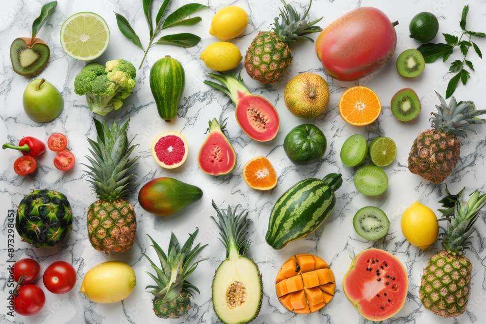 An overhead view of a collection of tropical produce arranged in a geometric pattern on a marble countertop. An overhead view of a collection of tropical produce arranged in a geometric pattern on a marble countertop.