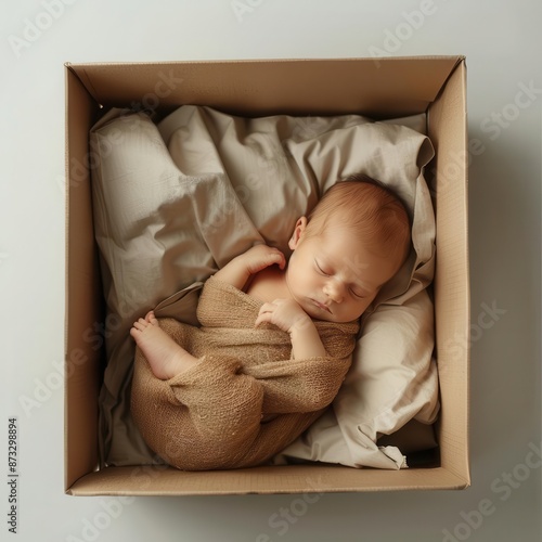 baby sleeping in a box on a bed