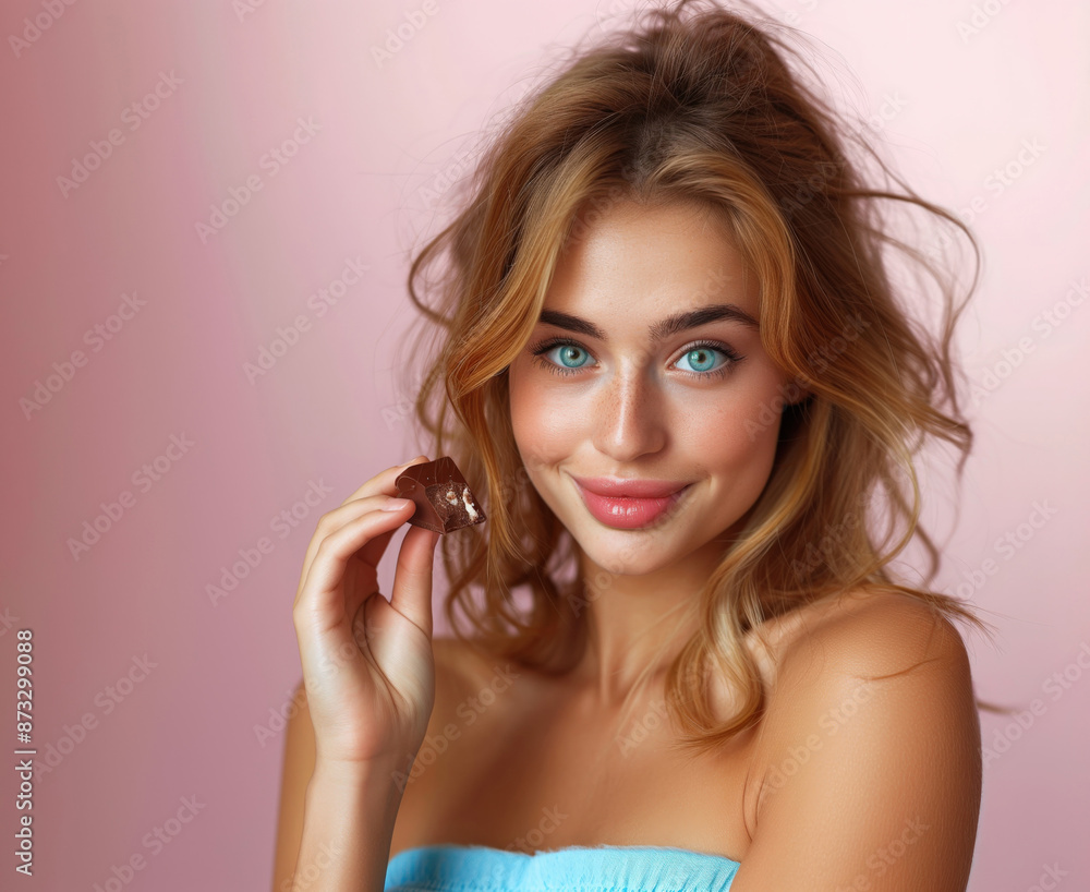 Woman radiant makeup glossy lips, sensuously holding chocolate near her mouth. Chocolate day Woman radiant makeup glossy lips, sensuously holding chocolate near her mouth. Chocolate day