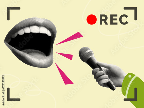 news report in live broadcast concept template design with open mouth speaking hand with microphone interview halftone collage cut-out elements