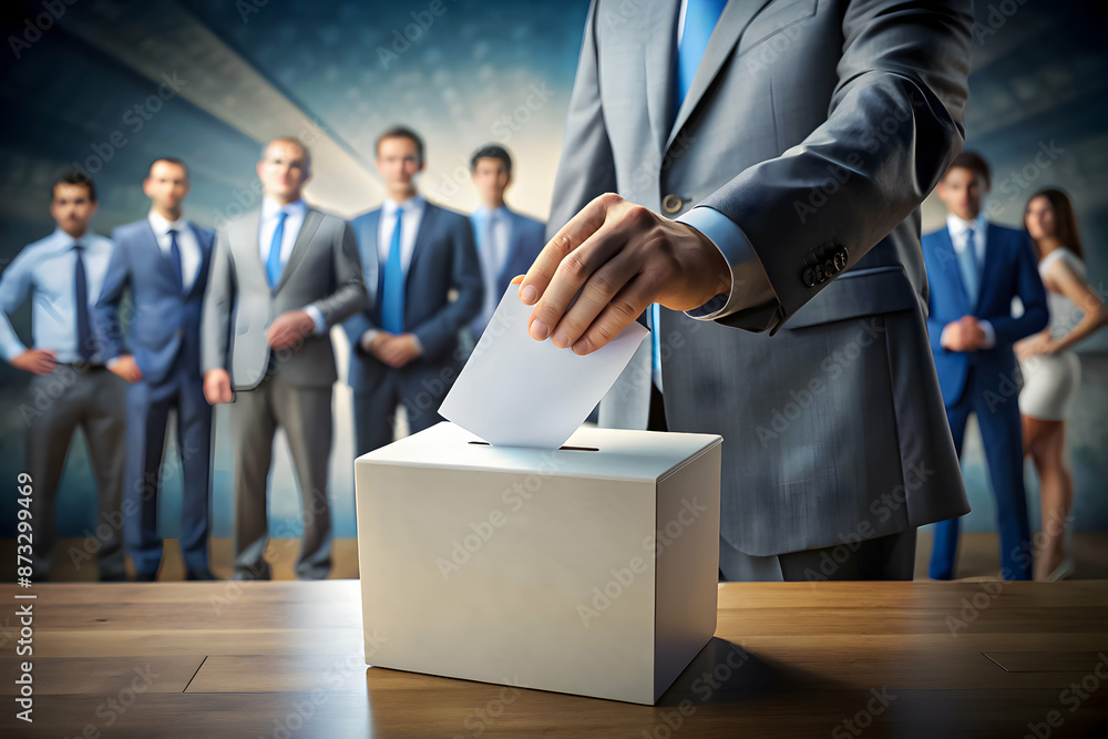 A businessman in a blue suit casting a vote in a white ballot box with a team of professionals watching in the background. A businessman in a blue suit casting a vote in a white ballot box with a team of professionals watching in the background.