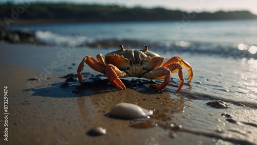 Beach Explorer Crab Traversing the Coastal Sands with Determination and Grace