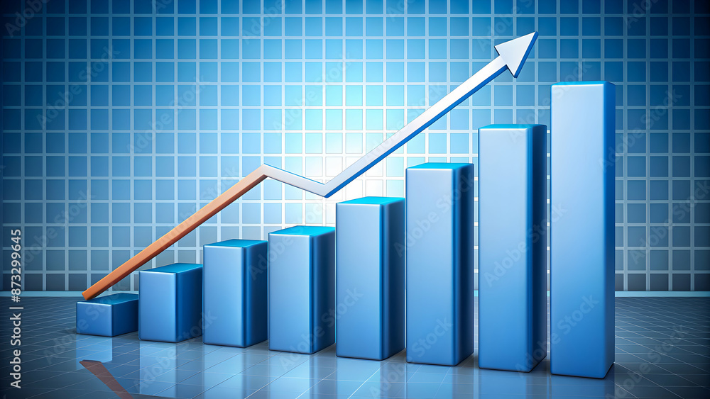 A 3D graph with blue bars of varying heights and a white arrow indicating an upward trend against a grid background. A 3D graph with blue bars of varying heights and a white arrow indicating an upward trend against a grid background.
