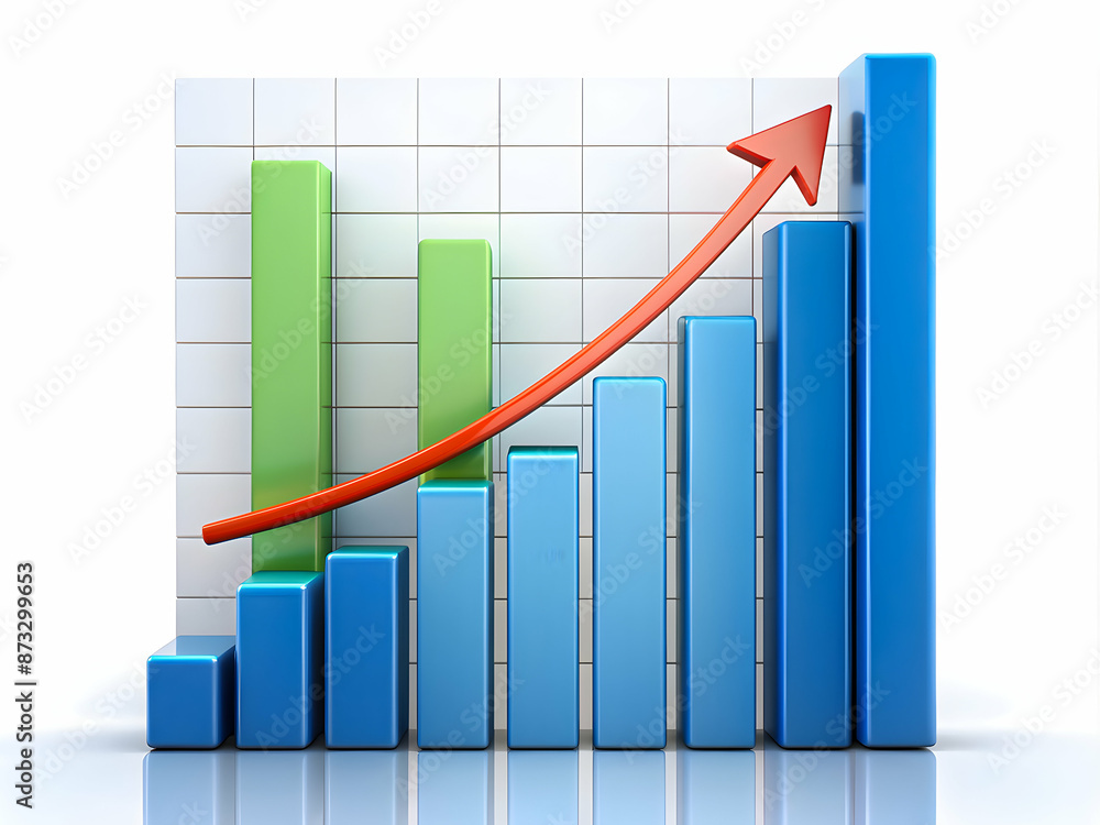 Financial growth chart with blue bars and a rising green arrow, featuring a dollar symbol to represent increasing profits and positive business performance.