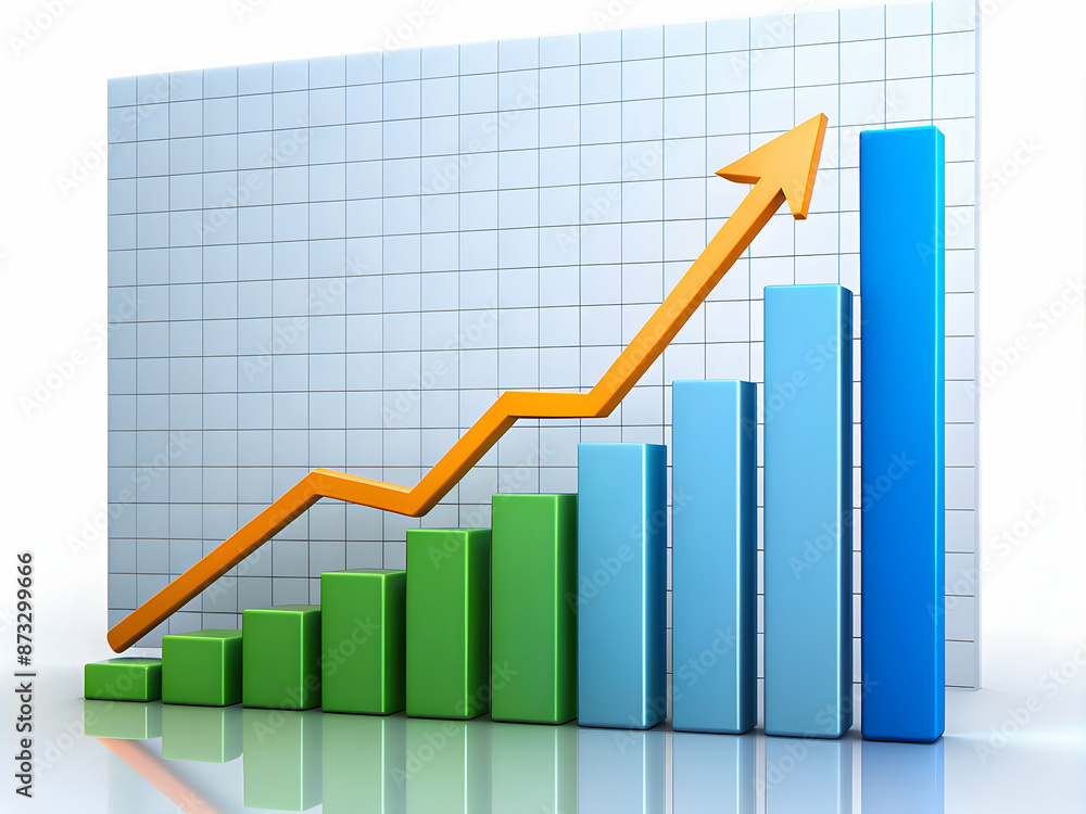 A vibrant 3D graph with ascending green and blue bars and a rising orange arrow, symbolizing increasing trends or success. A vibrant 3D graph with ascending green and blue bars and a rising orange arrow, symbolizing increasing trends or success.