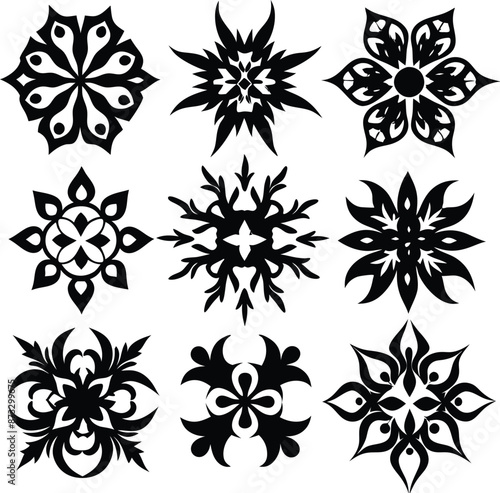 set of symmetrical calligraphic pattern illustration black and white