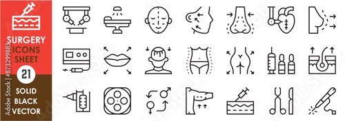 A set of line icons related to Surgery. Surgeon, face, plastic, hips, breast, skin, muscle, hairfall, laser, lips, nose and so on. Vector outline icons set.