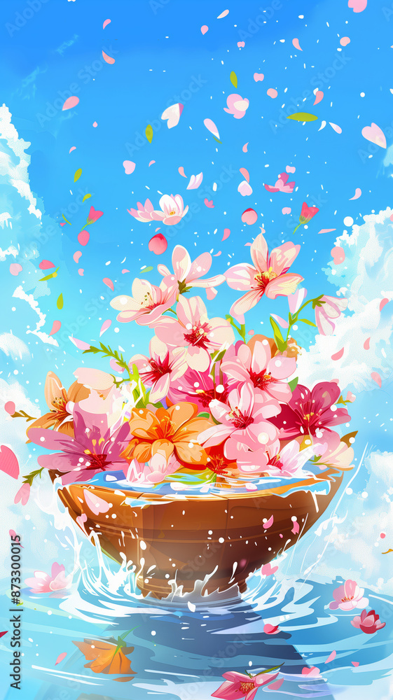 Vibrant Flowers Splashing in a Water Bowl During Songkran Festival in Thailand Vibrant Flowers Splashing in a Water Bowl During Songkran Festival in Thailand