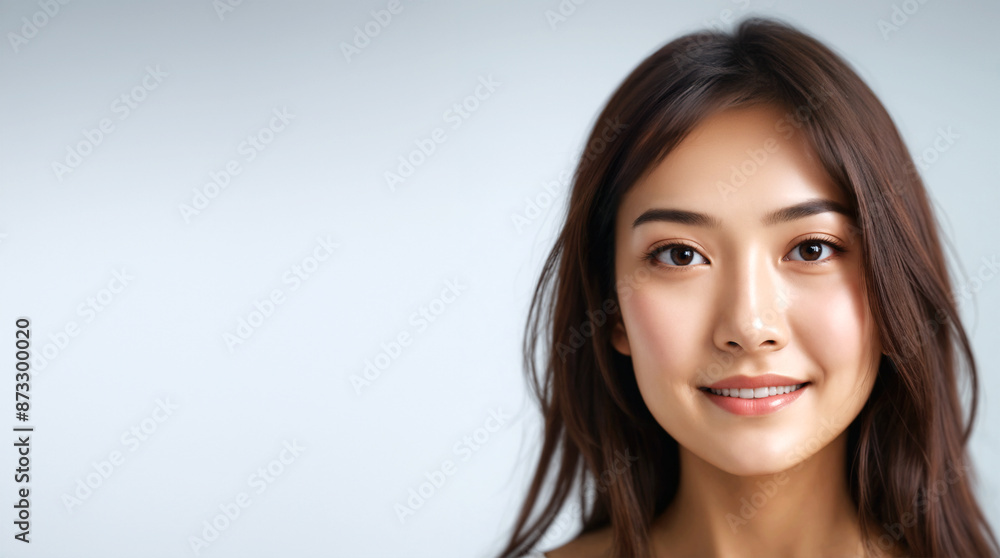Asian woman, girl, with smooth, healthy, natural looking skin. Japanese, Korean female smiling after cosmetic treatment with hydrated, glowing face Asian woman, girl, with smooth, healthy, natural looking skin. Japanese, Korean female smiling after cosmetic treatment with hydrated, glowing face