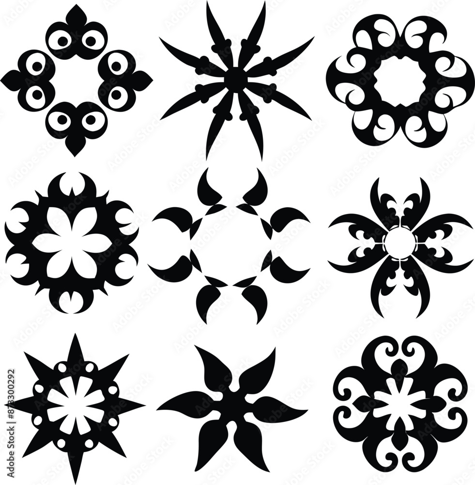 set of symmetrical calligraphic pattern illustration black and white set of symmetrical calligraphic pattern illustration black and white
