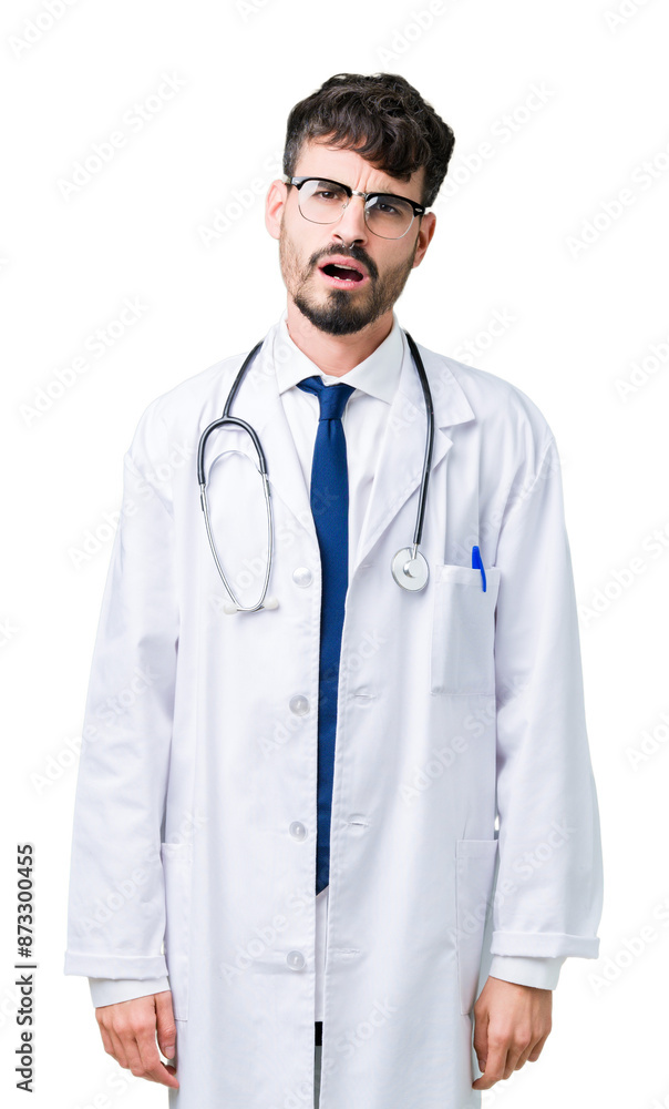 Fototapeta premium Young doctor man wearing hospital coat over isolated background In shock face, looking skeptical and sarcastic, surprised with open mouth