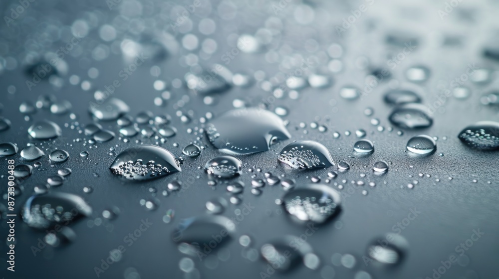 Water drops on a smooth, reflective surface. Concept of rain, condensation, purity, freshness, or water resistance. Water drops on a smooth, reflective surface. Concept of rain, condensation, purity, freshness, or water resistance.