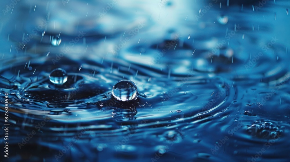 Closeup of water drops splashing, creating ripples and bokeh. Concepts include rain, water, nature, and abstract backgrounds. Closeup of water drops splashing, creating ripples and bokeh. Concepts include rain, water, nature, and abstract backgrounds.