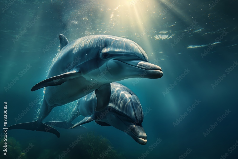 Fototapeta premium A pair of dolphins swim closely together in serene, sunlit waters, symbolizing companionship and the tranquil beauty of the underwater world and marine life.