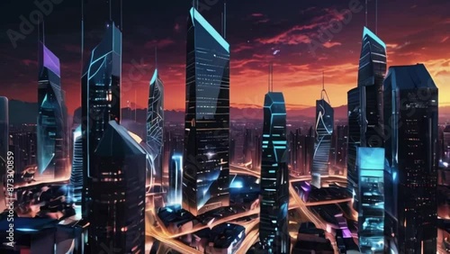 a smart city with autonomous vehicles, smart grids, and IoT devices, all connected to a central blue cloud. The animation can zoom out to show the city’s connection to a global network, 4K Animation photo