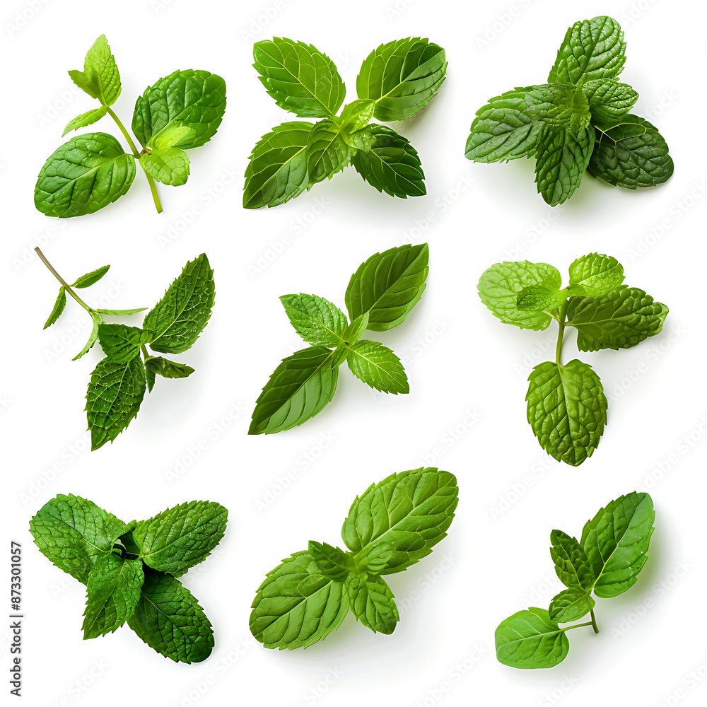 Green Mint Leaves Collection Isolated On White Realistic Image Green Mint Leaves Collection Isolated On White Realistic Image