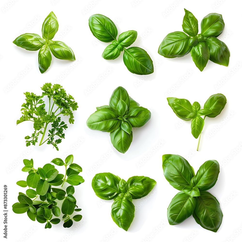 Green Basil Leaves Photo on White Background Green Basil Leaves Photo on White Background