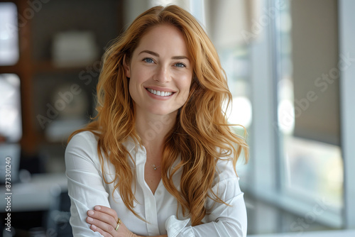 Confident Businesswoman With Arms Crossed Smiles In Modern Office