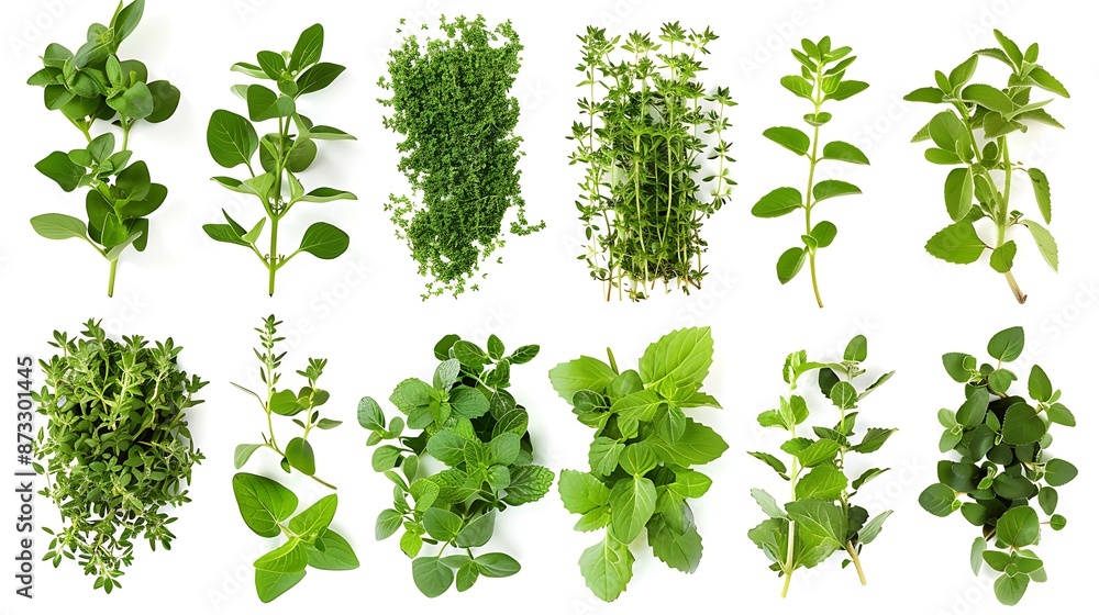 Green Herbs Collection: Fresh Oregano, Thyme, and Mint Sprouts on White Background - Photo Green Herbs Collection: Fresh Oregano, Thyme, and Mint Sprouts on White Background - Photo