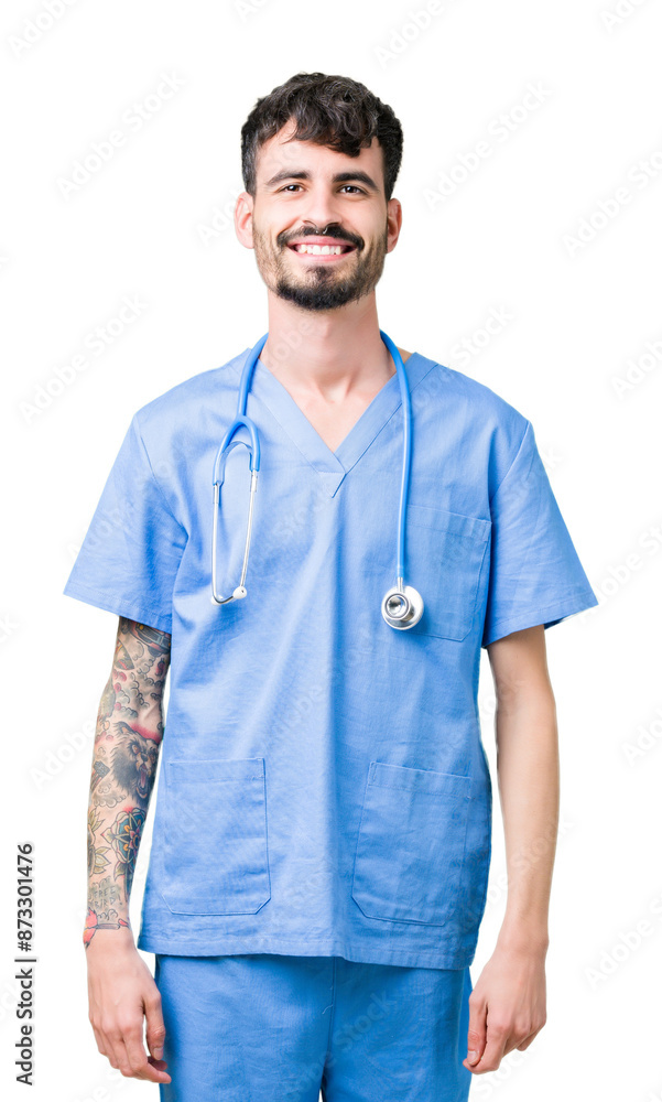 Young handsome nurse man wearing surgeon uniform over isolated background with a happy and cool smile on face. Lucky person. Young handsome nurse man wearing surgeon uniform over isolated background with a happy and cool smile on face. Lucky person.