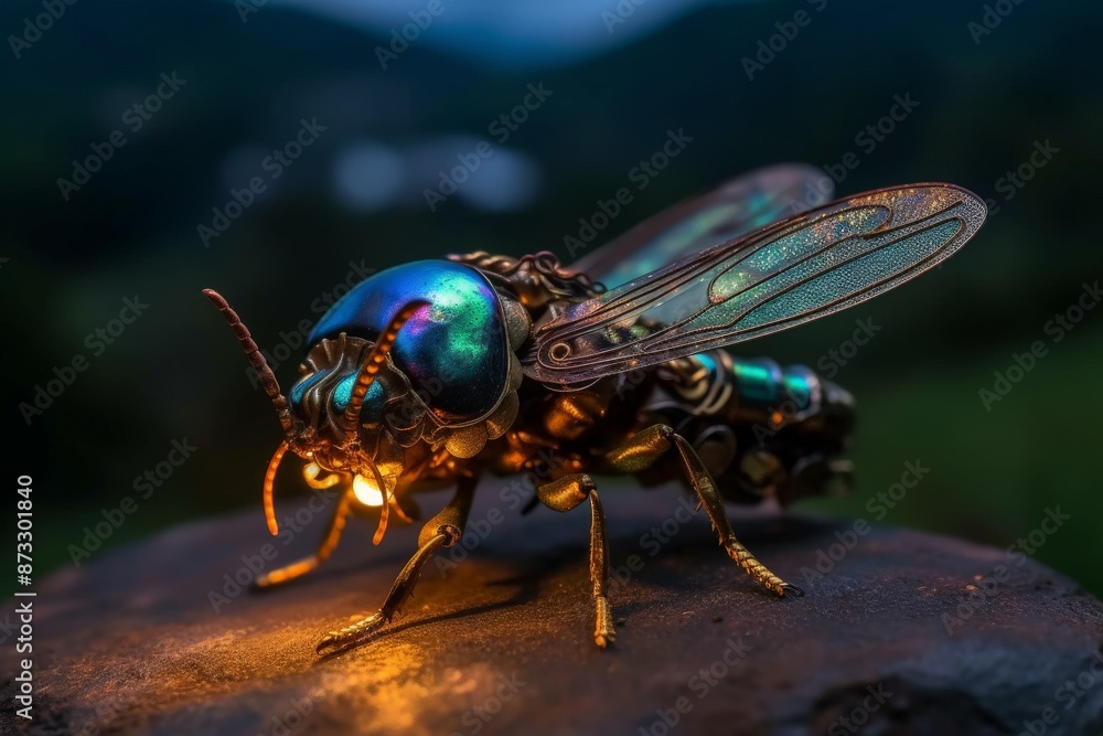 Fototapeta premium Surreal fireflies wearing steampunk at dusk