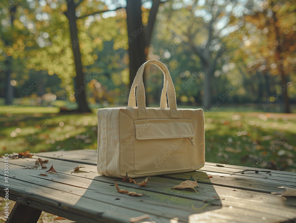 A brown bag sits on a wooden bench, next to a tree. The bag has handles. A brown bag sits on a wooden bench, next to a tree. The bag has handles.