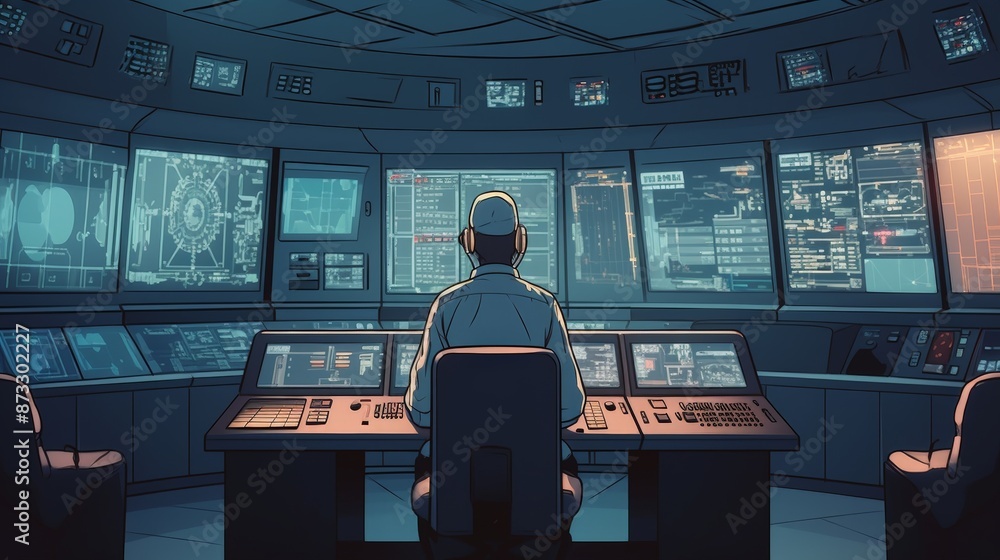 Engineer in a control room with multiple screens and parts Engineer in a control room with multiple screens and parts