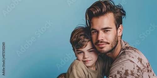 Portrait of handsome young american father and his handsome son hugging, looking at camera and smiling, on one color background , copy space - generative ai