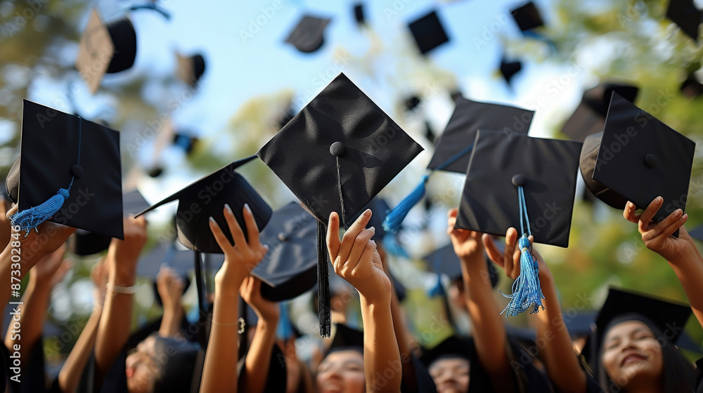 Several graduate hats tossed in air with arms raised to be caught against the sky Several graduate hats tossed in air with arms raised to be caught against the sky