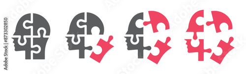 Set of human heads with puzzles icons. Puzzle human face, mental health, logical thinking, idea, business, business project. Vector.