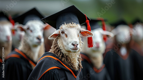 Graduation sheep lamb dark dress graduate cap yellow dark glasses background educational institution photo